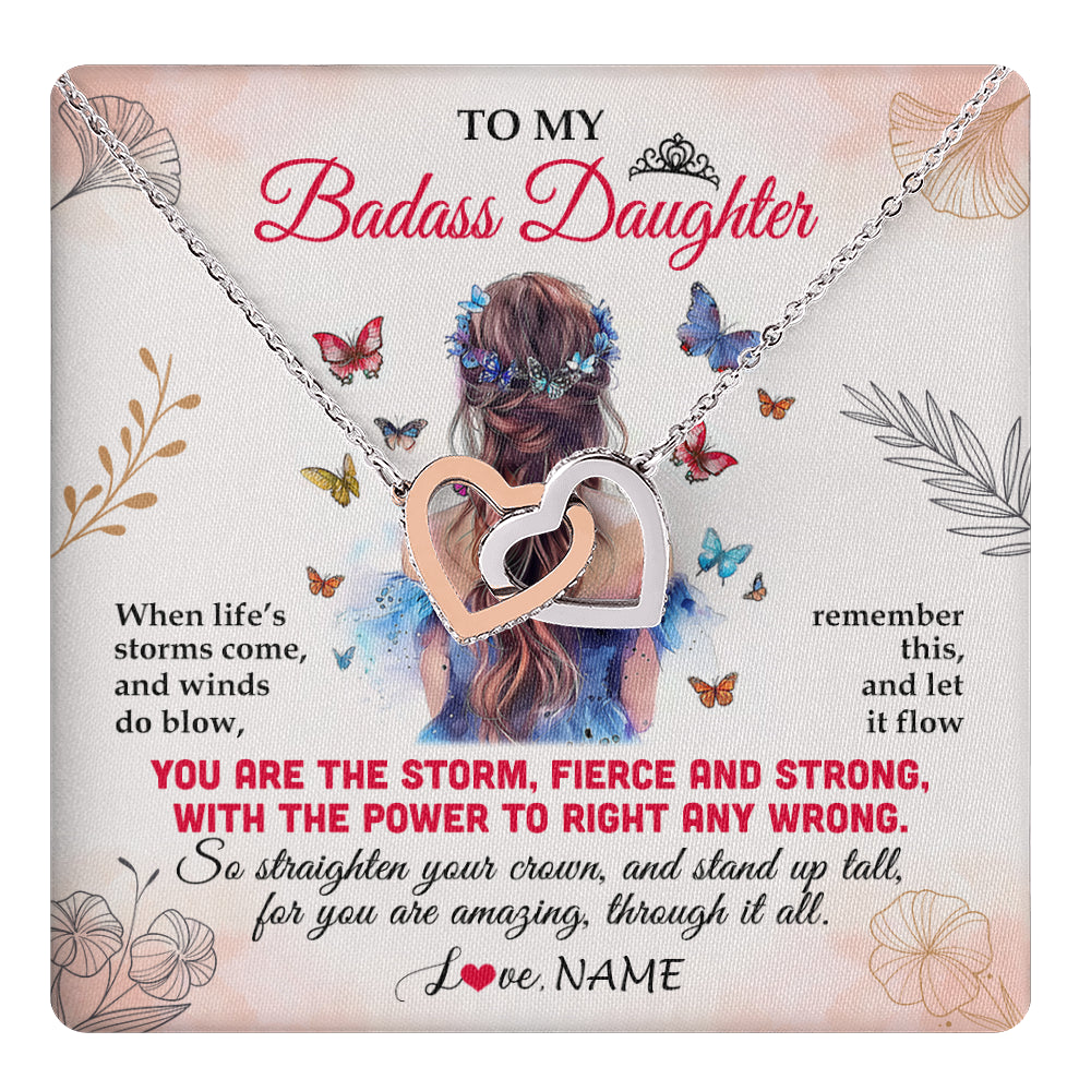 Interlocking Hearts Necklace Stainless Steel & Rose Gold Finish | 1 | Personalized To My Badass Daughter Necklace From Mom Dad Mother Floral Butterfly Daughter Birthday Gifts Graduation Christmas Customized Gift Box Message Card | teecentury