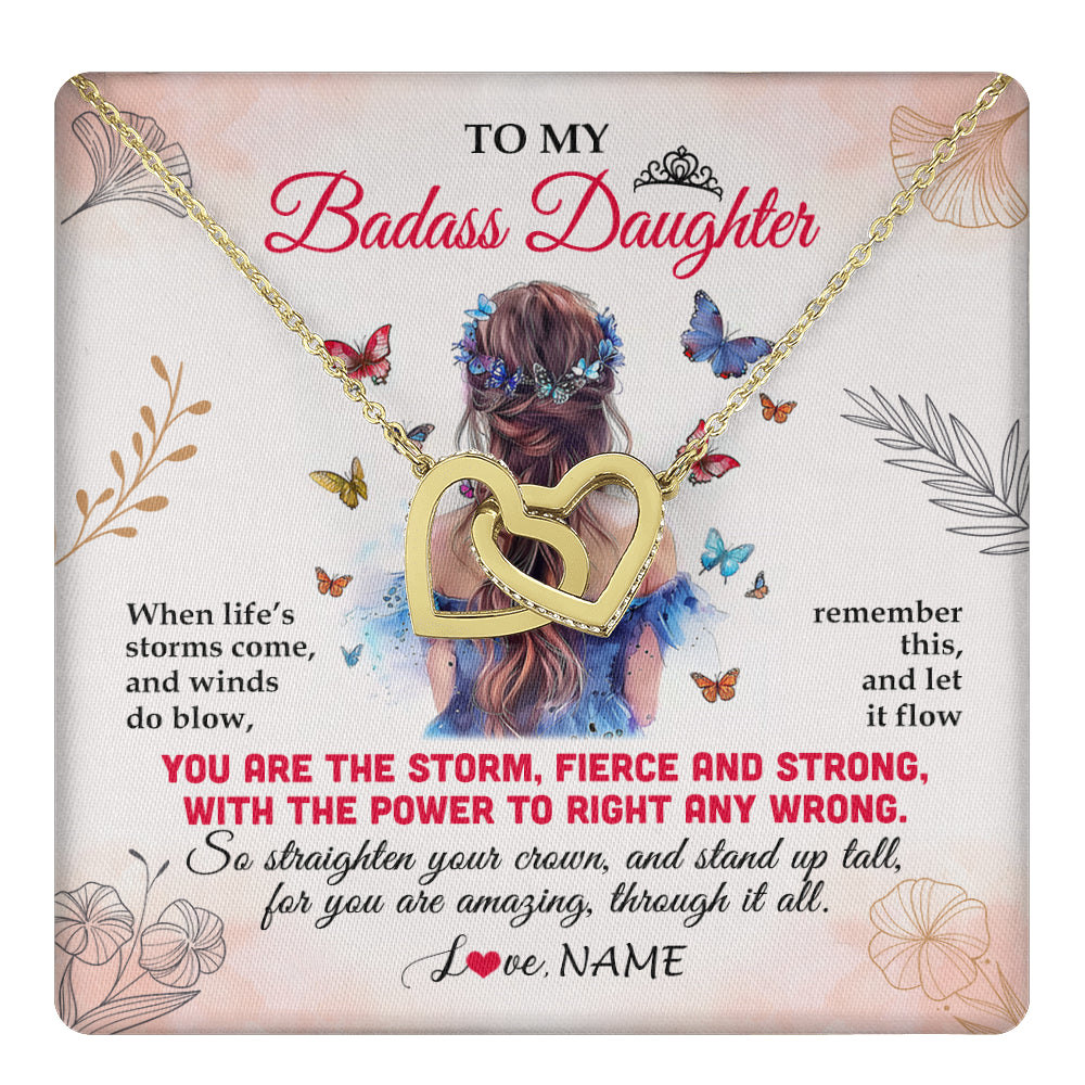 Interlocking Hearts Necklace 18K Yellow Gold Finish | 1 | Personalized To My Badass Daughter Necklace From Mom Dad Mother Floral Butterfly Daughter Birthday Gifts Graduation Christmas Customized Gift Box Message Card | teecentury