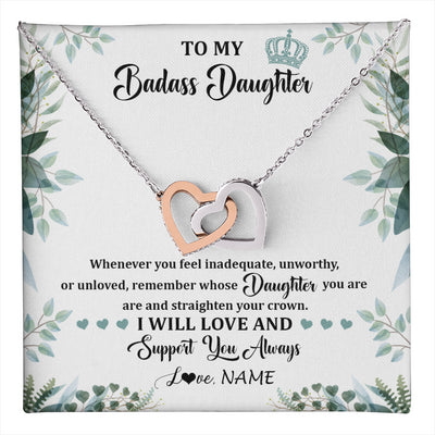 Interlocking Hearts Necklace Stainless Steel & Rose Gold Finish | 1 | Personalized To My Badass Daughter Necklace From Mom Dad Mother Straighten Your Crown Daughter Birthday Graduation Christmas Customized Gift Box Message Card | teecentury