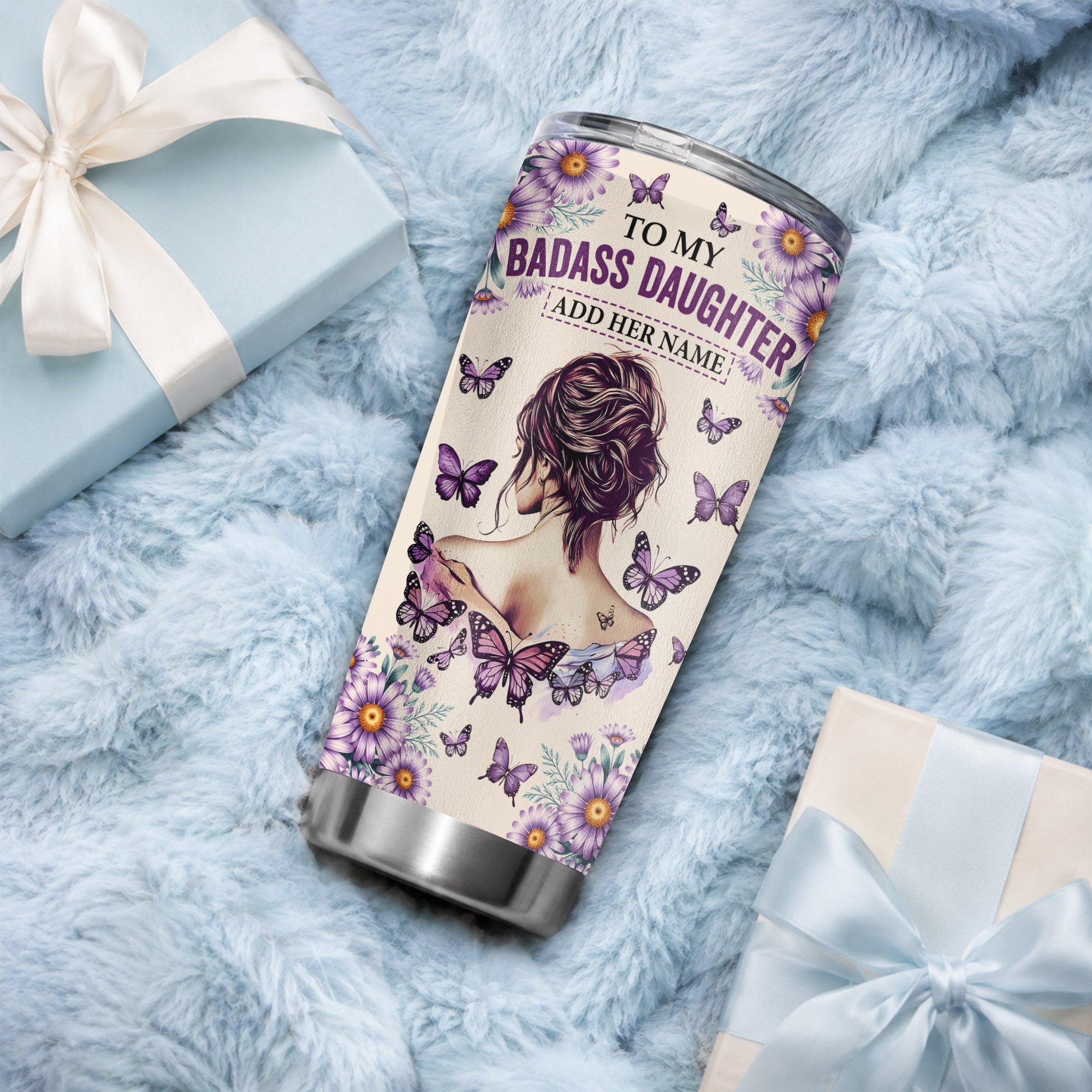 Personalized To My Badass Daughter Tumbler From Dad Mom Purple Butterfly I Am The Storm Daughter Gifts Birthday Graduation Christmas Custom Stainless Steel Travel Mug | teecentury