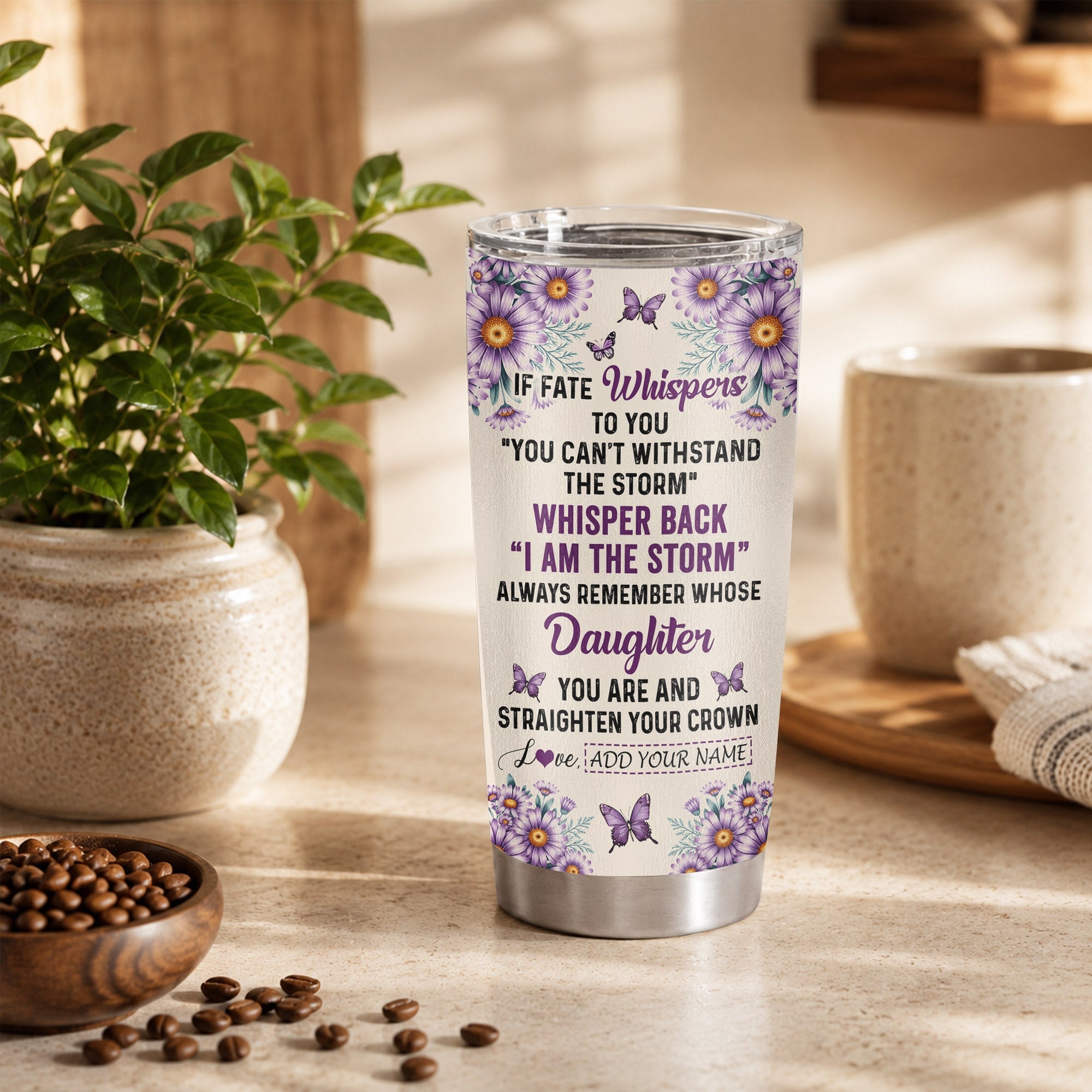 Personalized To My Badass Daughter Tumbler From Dad Mom Purple Butterfly I Am The Storm Daughter Gifts Birthday Graduation Christmas Custom Stainless Steel Travel Mug | teecentury