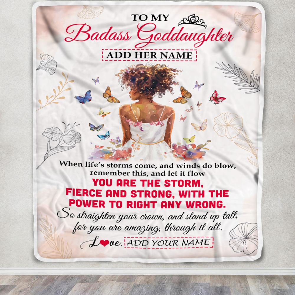Personalized To My Badass Goddaughter Blanket From Aunt Uncle Floral Butterfly African Afro Girl Goddaughter Birthday Gifts Graduation Christmas Fleece Blanket | teecentury