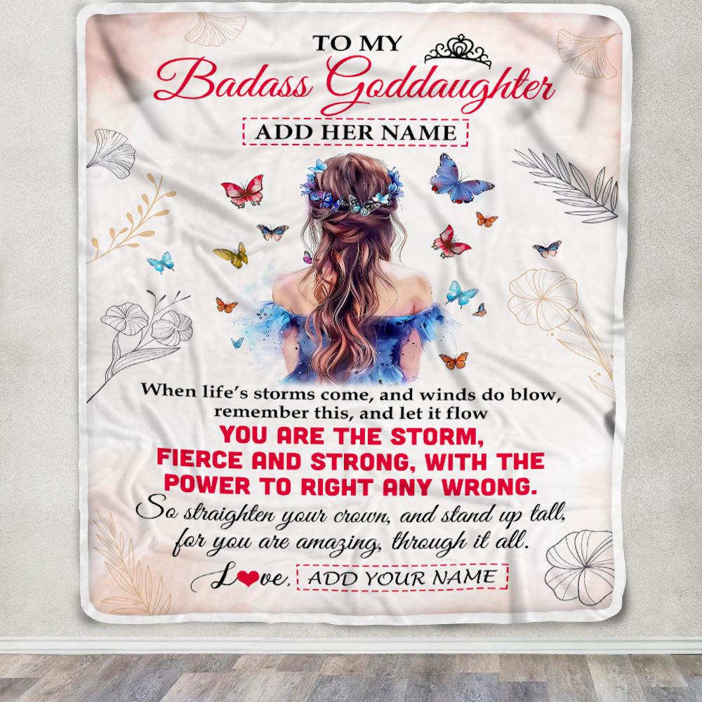 Personalized To My Badass Goddaughter Blanlet From Aunt Uncle Floral Butterfly Goddaughter Birthday Gifts Graduation Christmas Customized Fleece Blanket | teecentury