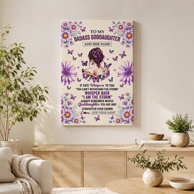 Personalized To My Badass Goddaughter Canvas From Uncle Aunt Purple Butterfly I Am The Storm Goddaughter Gifts Birthday Graduation Christmas Custom Art Framed Canvas | teecentury