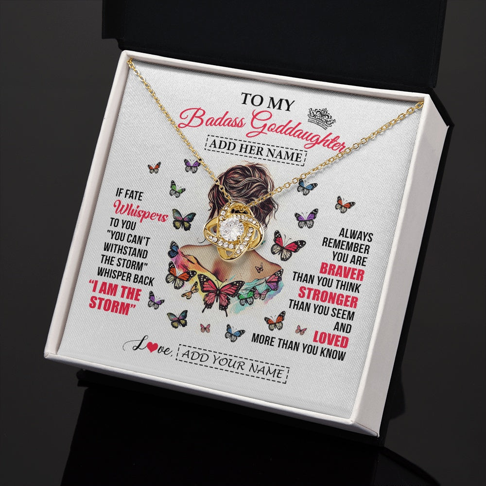 Love Knot Necklace 18K Yellow Gold Finish | 2 | Personalized To My Badass Goddaughter From Uncle Aunt Necklace I Am The Storm Goddaughter Gifts Birthday Graduation Christmas Custom Gift Box Message Card | https://teecentury.