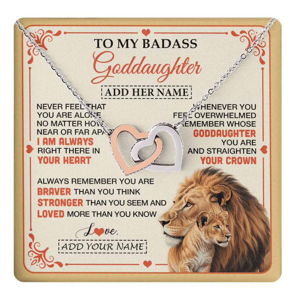 Interlocking Hearts Necklace Stainless Steel & Rose Gold Finish | 1 | Personalized To My Badass Goddaughter Gifts From Godmother Necklace Lion Jewelry Gifts Present Ideas For Goddaughter Birthday Christmas Gift Box Message Card | https://teecentury.