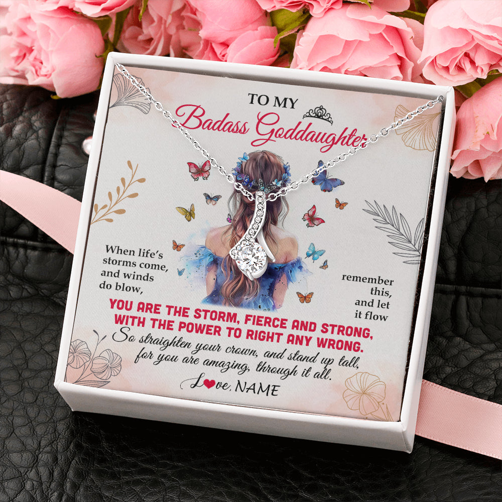 Alluring Beauty Necklace 14K White Gold Finish | 2 | Personalized To My Badass Goddaughter Necklace From Aunt Floral Butterfly Goddaughter Birthday Gifts Graduation Christmas Customized Gift Box Message Card | teecentury