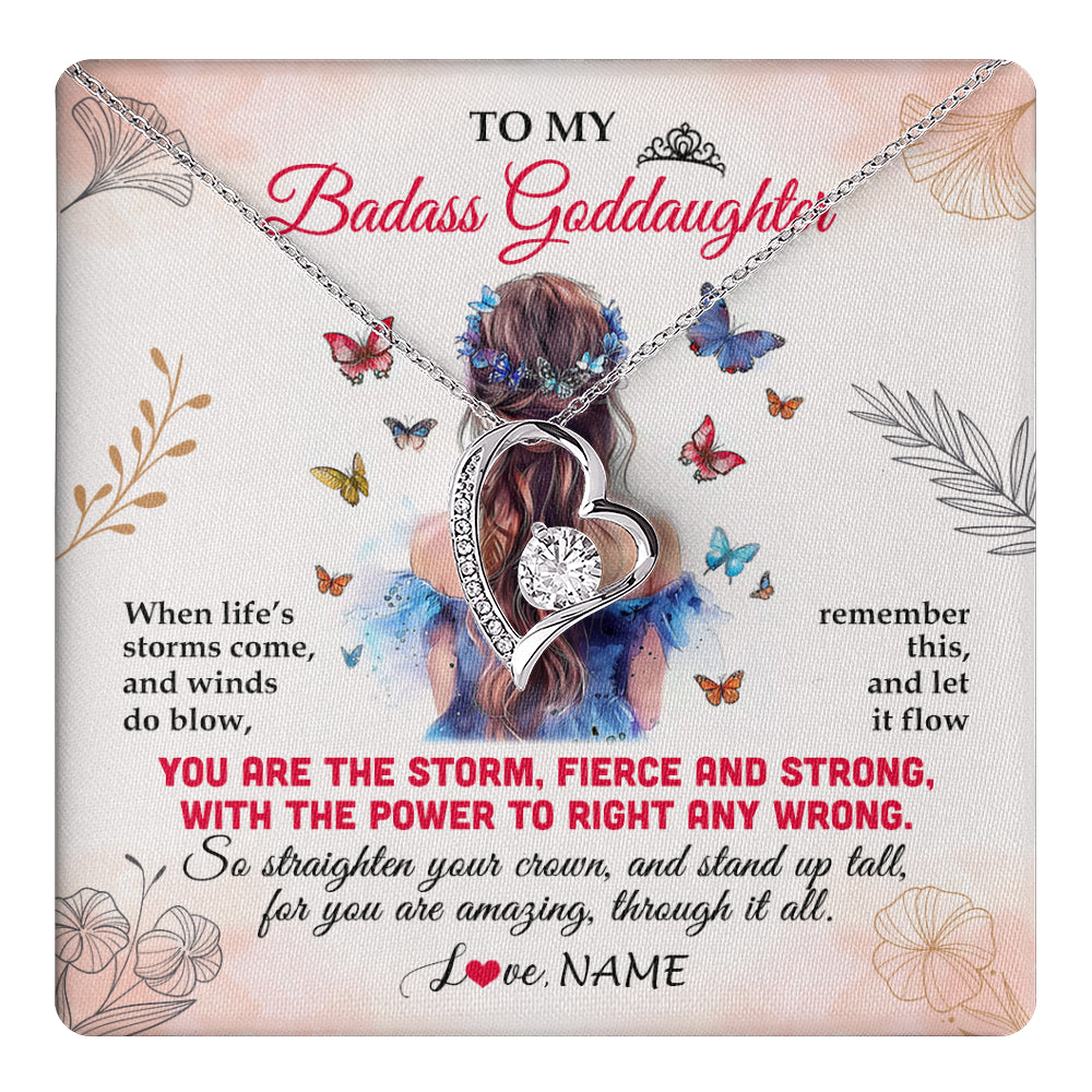 Forever Love Necklace 14K White Gold Finish | 1 | Personalized To My Badass Goddaughter Necklace From Aunt Floral Butterfly Goddaughter Birthday Gifts Graduation Christmas Customized Gift Box Message Card | teecentury