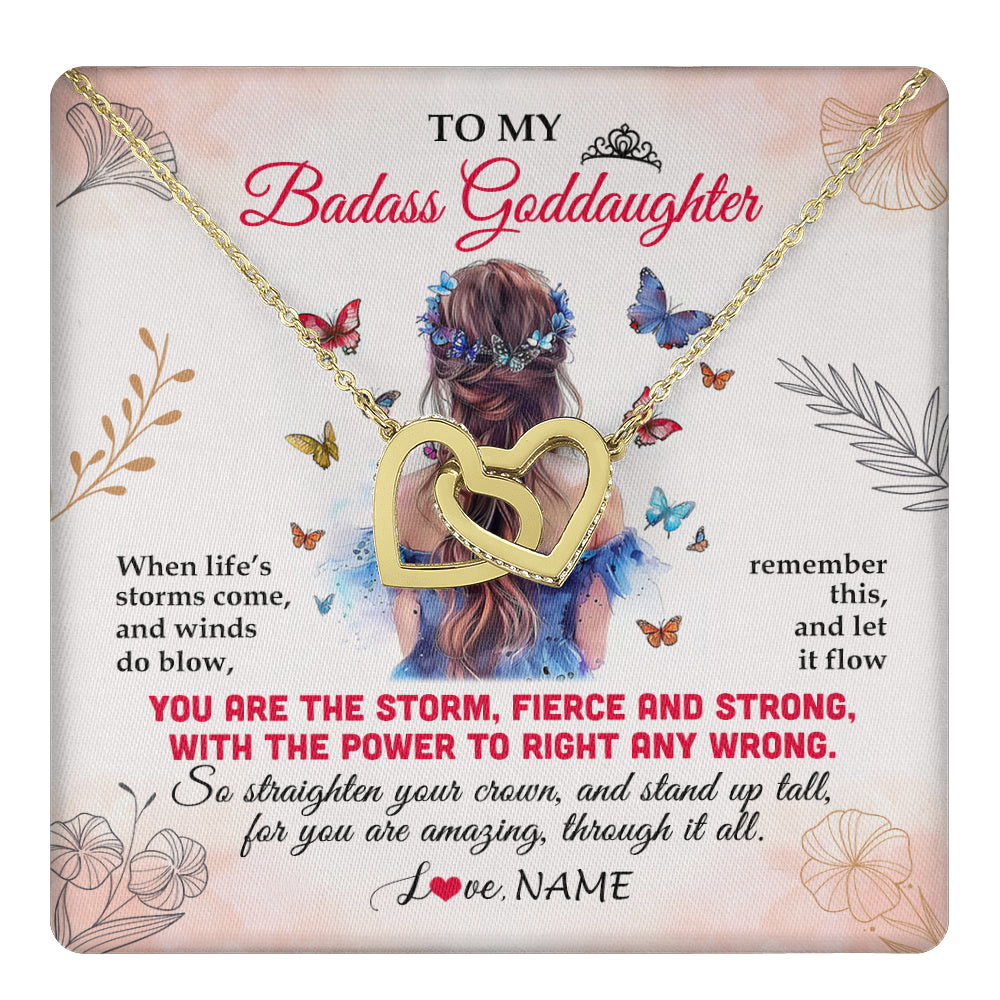 Interlocking Hearts Necklace 18K Yellow Gold Finish | 1 | Personalized To My Badass Goddaughter Necklace From Aunt Floral Butterfly Goddaughter Birthday Gifts Graduation Christmas Customized Gift Box Message Card | teecentury