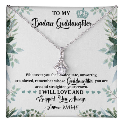 Alluring Beauty Necklace 14K White Gold Finish | 1 | Personalized To My Badass Goddaughter Necklace From Aunt Uncle Straighten Your Crown Goddaughter Birthday Graduation Christmas Customized Gift Box Message Card | teecentury
