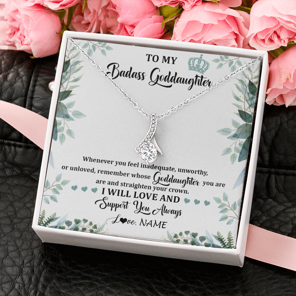Alluring Beauty Necklace 14K White Gold Finish | 2 | Personalized To My Badass Goddaughter Necklace From Aunt Uncle Straighten Your Crown Goddaughter Birthday Graduation Christmas Customized Gift Box Message Card | teecentury