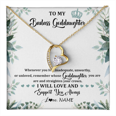 Forever Love Necklace 18K Yellow Gold Finish | 1 | Personalized To My Badass Goddaughter Necklace From Aunt Uncle Straighten Your Crown Goddaughter Birthday Graduation Christmas Customized Gift Box Message Card | teecentury