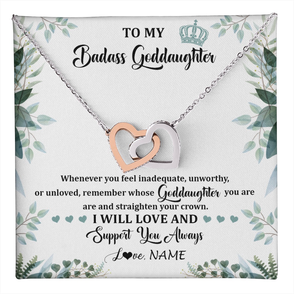 Interlocking Hearts Necklace Stainless Steel & Rose Gold Finish | 1 | Personalized To My Badass Goddaughter Necklace From Aunt Uncle Straighten Your Crown Goddaughter Birthday Graduation Christmas Customized Gift Box Message Card | teecentury