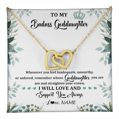 Interlocking Hearts Necklace 18K Yellow Gold Finish | 1 | Personalized To My Badass Goddaughter Necklace From Aunt Uncle Straighten Your Crown Goddaughter Birthday Graduation Christmas Customized Gift Box Message Card | teecentury