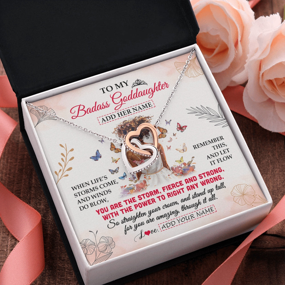 Interlocking Hearts Necklace Stainless Steel & Rose Gold Finish | 2 | Personalized To My Badass Goddaughter Necklace From Godmother Floral Butterfly African Afro Goddaughter Birthday Gifts Christmas Custom Gift Box Message Card | https://teecentury.