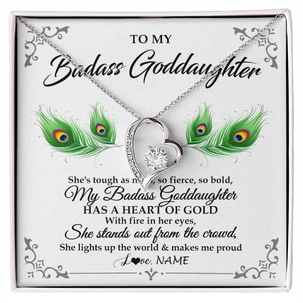 Forever Love Necklace 14K White Gold Finish | 1 | Personalized To My Badass Goddaughter Necklace From Godmother Love You Always Goddaughter Birthday Graduation Christmas Customized Gift Box Message Card | teecentury