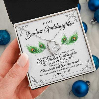 Forever Love Necklace 14K White Gold Finish | 2 | Personalized To My Badass Goddaughter Necklace From Godmother Love You Always Goddaughter Birthday Graduation Christmas Customized Gift Box Message Card | teecentury