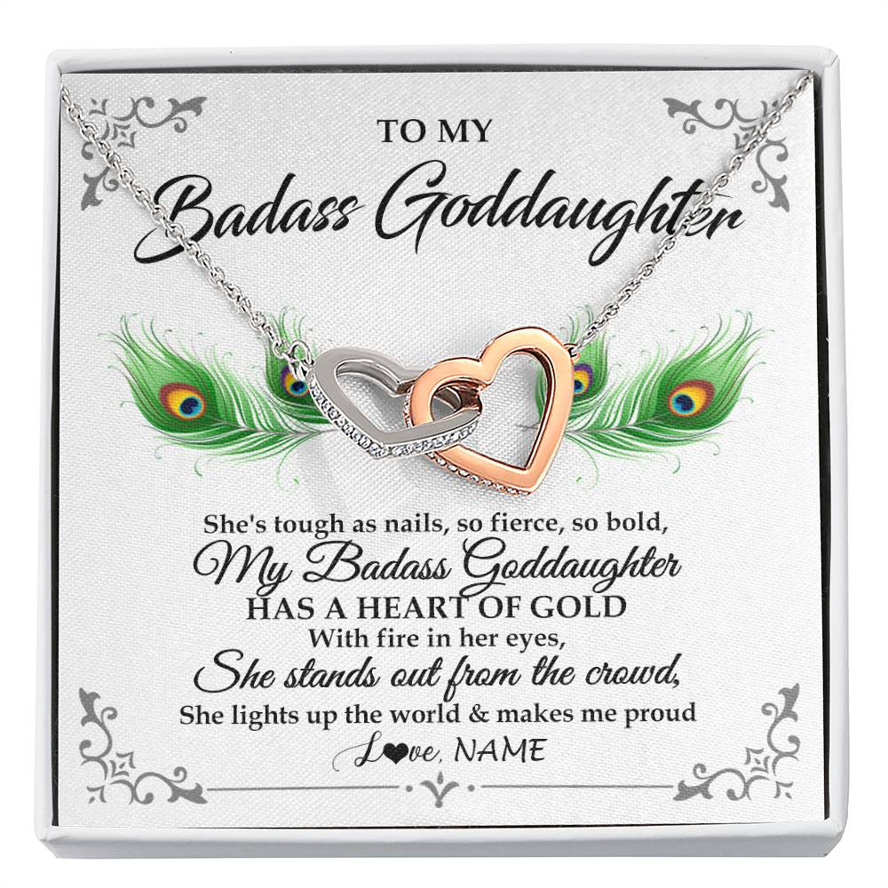 Interlocking Hearts Necklace Stainless Steel & Rose Gold Finish | 1 | Personalized To My Badass Goddaughter Necklace From Godmother Love You Always Goddaughter Birthday Graduation Christmas Customized Gift Box Message Card | teecentury