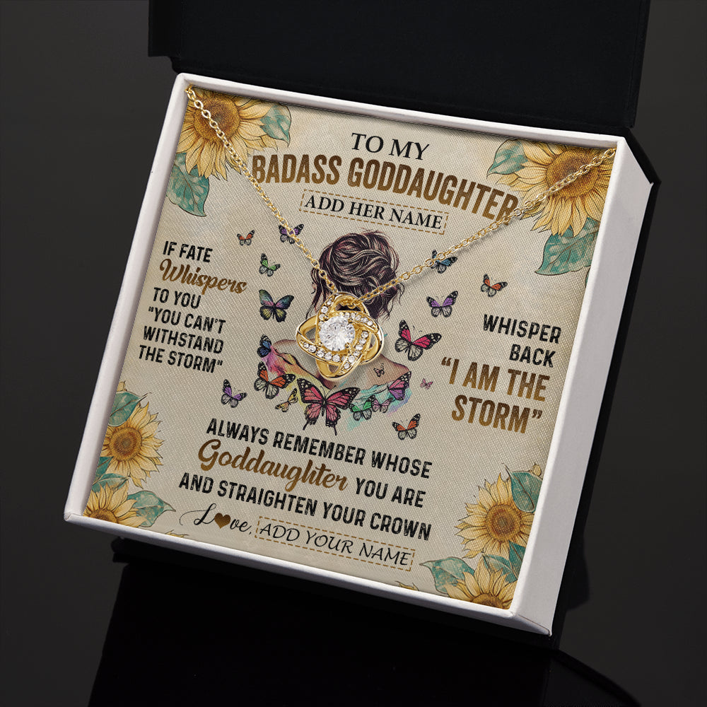 Love Knot Necklace 18K Yellow Gold Finish | 2 | Personalized To My Badass Goddaughter Necklace From Uncle Aunt I Am The Storm Goddaughter Gifts Birthday Graduation Christmas Customized Gift Box Message Card | teecentury