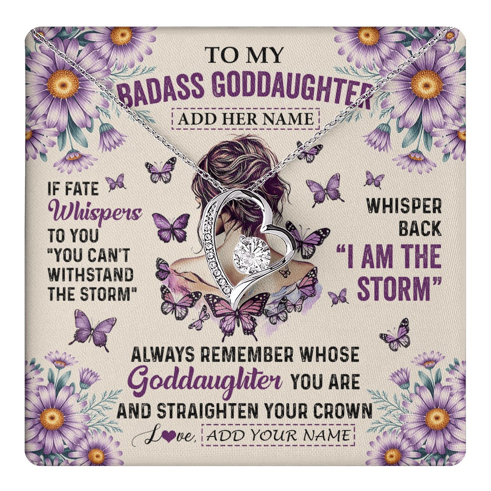 Forever Love Necklace 14K White Gold Finish | 1 | Personalized To My Badass Goddaughter Necklace From Uncle Aunt Purple Butterfly I Am The Storm Goddaughter Gifts Birthday Christmas Gift Box Message Card | https://teecentury.