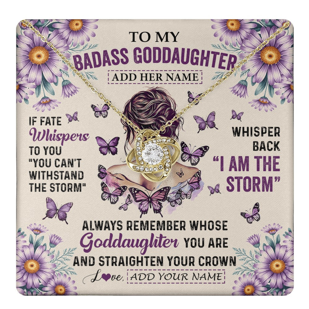Love Knot Necklace 18K Yellow Gold Finish | 1 | Personalized To My Badass Goddaughter Necklace From Uncle Aunt Purple Butterfly I Am The Storm Goddaughter Gifts Birthday Christmas Gift Box Message Card | https://teecentury.
