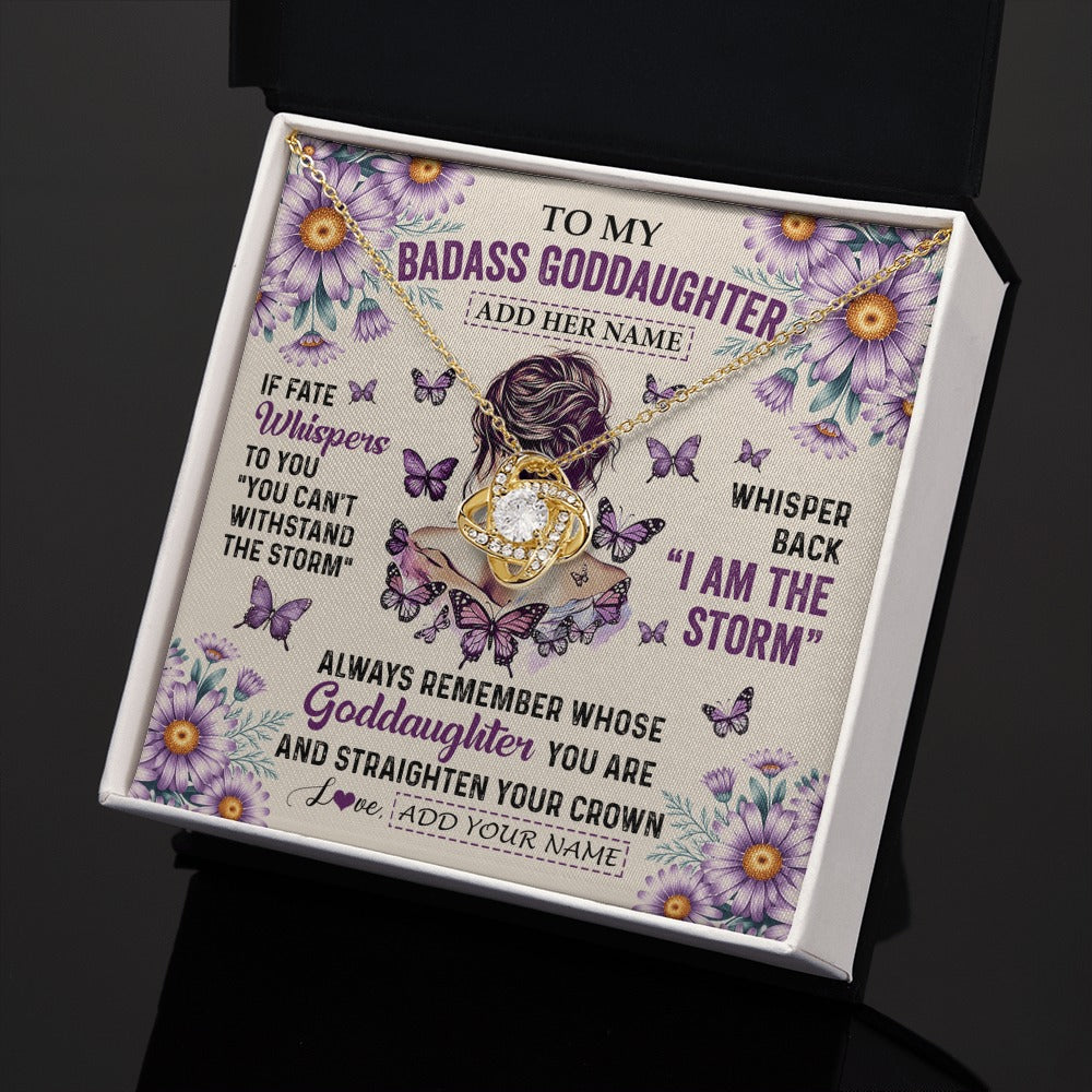 Love Knot Necklace 18K Yellow Gold Finish | 2 | Personalized To My Badass Goddaughter Necklace From Uncle Aunt Purple Butterfly I Am The Storm Goddaughter Gifts Birthday Christmas Gift Box Message Card | https://teecentury.