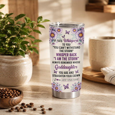 Personalized To My Badass Goddaughter Tumbler From Uncle Aunt Purple Butterfly I Am The Storm Goddaughter Gifts Birthday Graduation Christmas Custom Stainless Steel Mug | teecentury