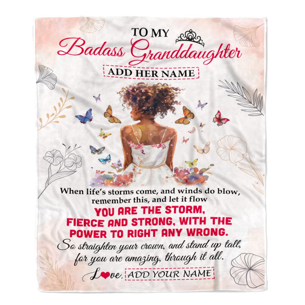 Personalized To My Badass Granddaughter Blanket From Grandma Grandpa Floral Butterfly African Afro Girl Granddaughter Birthday Gifts Christmas Fleece Blanket | teecentury