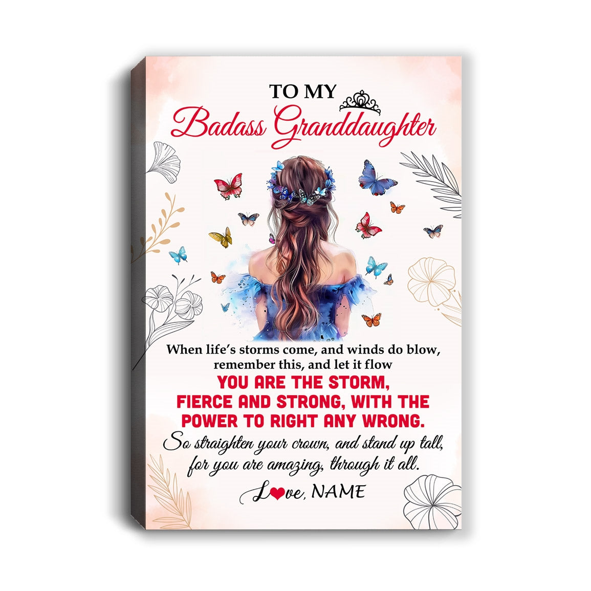 Personalized To My Badass Granddaughter Canvas From Grandma Grandpa Floral Butterfly Granddaughter Birthday Gifts Christmas Custom Wall Art Print Framed Canvas | teecentury