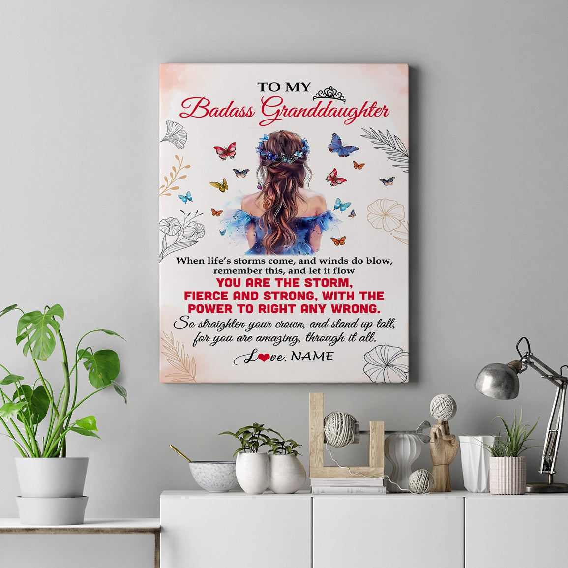 Personalized To My Badass Granddaughter Canvas From Grandma Grandpa Floral Butterfly Granddaughter Birthday Gifts Christmas Custom Wall Art Print Framed Canvas | teecentury