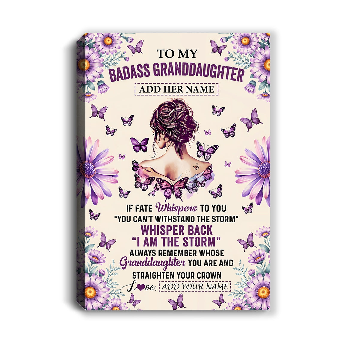 Personalized To My Badass Granddaughter Canvas From Grandma Grandpa Purple Butterfly I Am The Storm Granddaughter Gifts Birthday Christmas Custom Wall Art Framed Canvas | teecentury