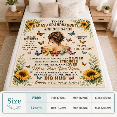 Personalized To My Badass Granddaughter Gifts From Grandma Sunflower Butterfly I Am The Storm Birthday Gift For Granddaughter Inspirational Fleece Blanket | teecentury