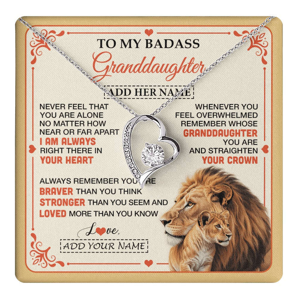 Forever Love Necklace 14K White Gold Finish | 1 | Personalized To My Badass Granddaughter Gifts From Grandpa Necklace Lion Jewelry Gifts Present Ideas Granddaughter Birthday Christmas Gift Box Message Card | https://teecentury.