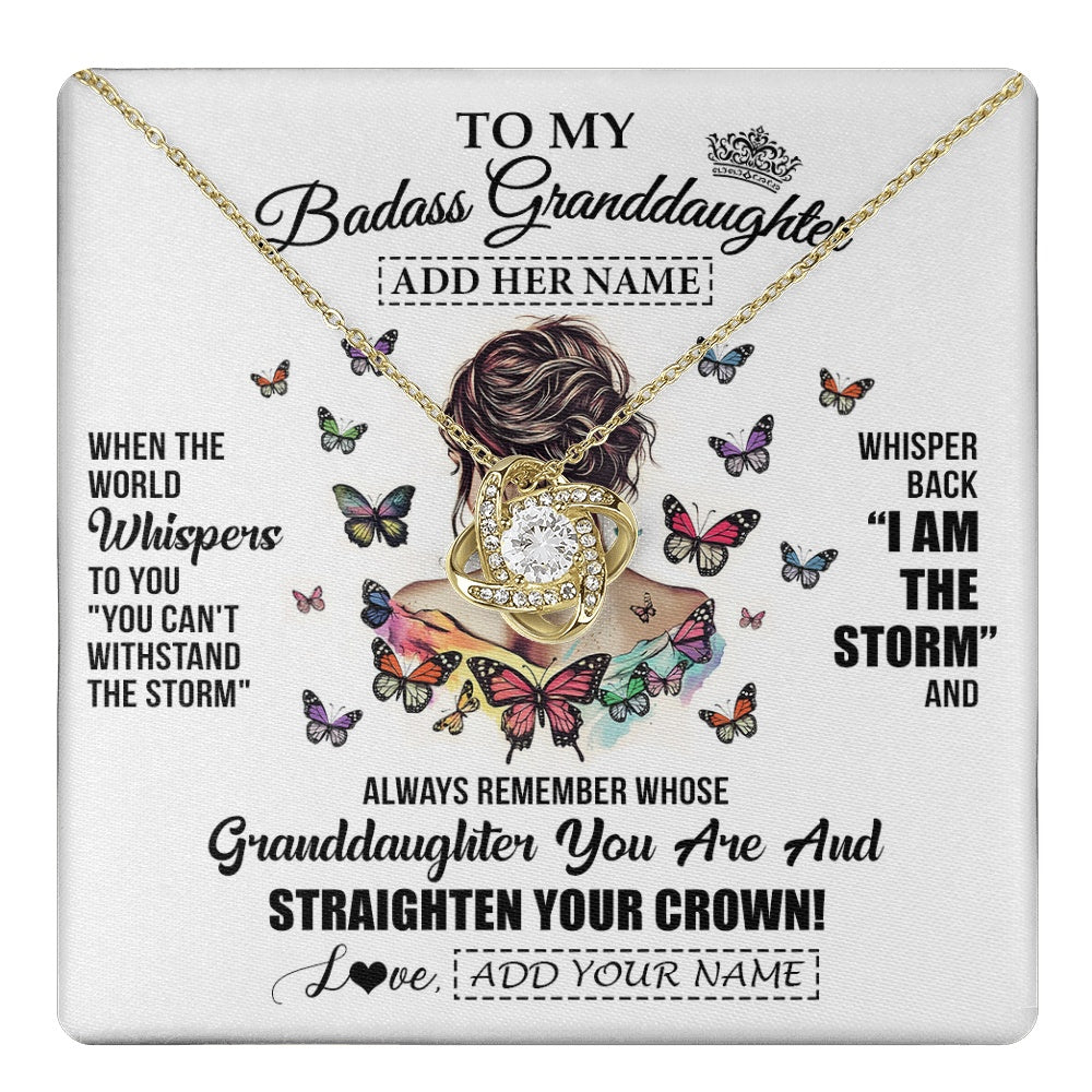 Love Knot Necklace 18K Yellow Gold Finish | 1 | Personalized To My Badass Granddaughter I Am The Storm Necklace From Grandpa Papa Beautiful Granddaughter Birthday Gifts Christmas Gift Box Message Card | https://teecentury.
