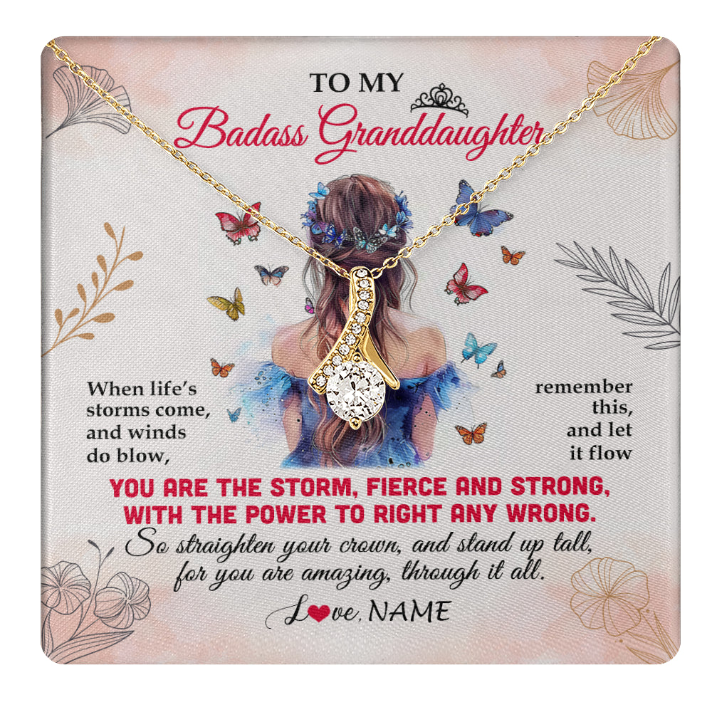 Alluring Beauty Necklace 18K Yellow Gold Finish | 1 | Personalized To My Badass Granddaughter Necklace From Grandma Grandpa Floral Butterfly Granddaughter Birthday Gifts Christmas Customized Gift Box Message Card | teecentury