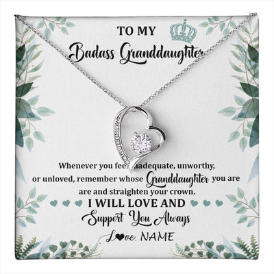 Forever Love Necklace 14K White Gold Finish | 1 | Personalized To My Badass Granddaughter Necklace From Grandma Grandpa Straighten Your Crown Granddaughter Birthday Christmas Customized Gift Box Message Card | teecentury