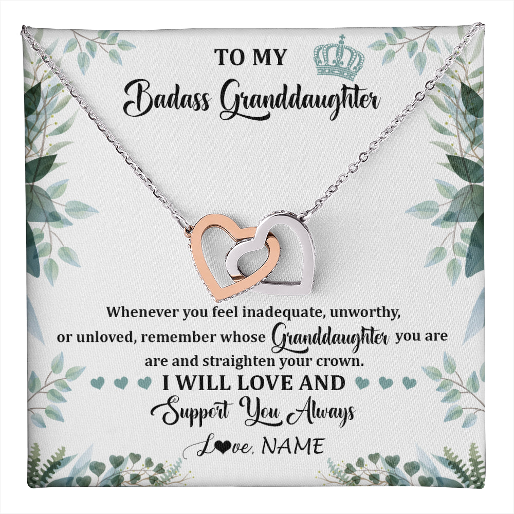Interlocking Hearts Necklace Stainless Steel & Rose Gold Finish | 1 | Personalized To My Badass Granddaughter Necklace From Grandma Grandpa Straighten Your Crown Granddaughter Birthday Christmas Customized Gift Box Message Card | teecentury