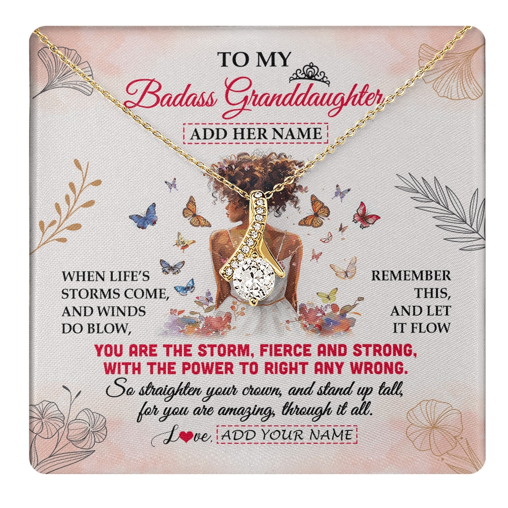 Alluring Beauty Necklace 18K Yellow Gold Finish | 1 | Personalized To My Badass Granddaughter Necklace From Grandma Papa Floral Butterfly African Afro Granddaughter Birthday Gifts Christmas Gift Box Message Card | https://teecentury.