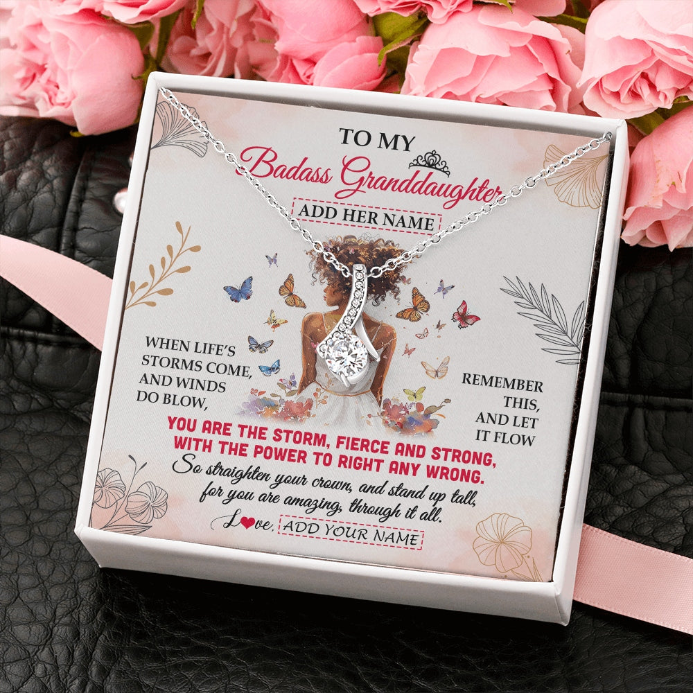 Alluring Beauty Necklace 14K White Gold Finish | 2 | Personalized To My Badass Granddaughter Necklace From Grandma Papa Floral Butterfly African Afro Granddaughter Birthday Gifts Christmas Gift Box Message Card | https://teecentury.
