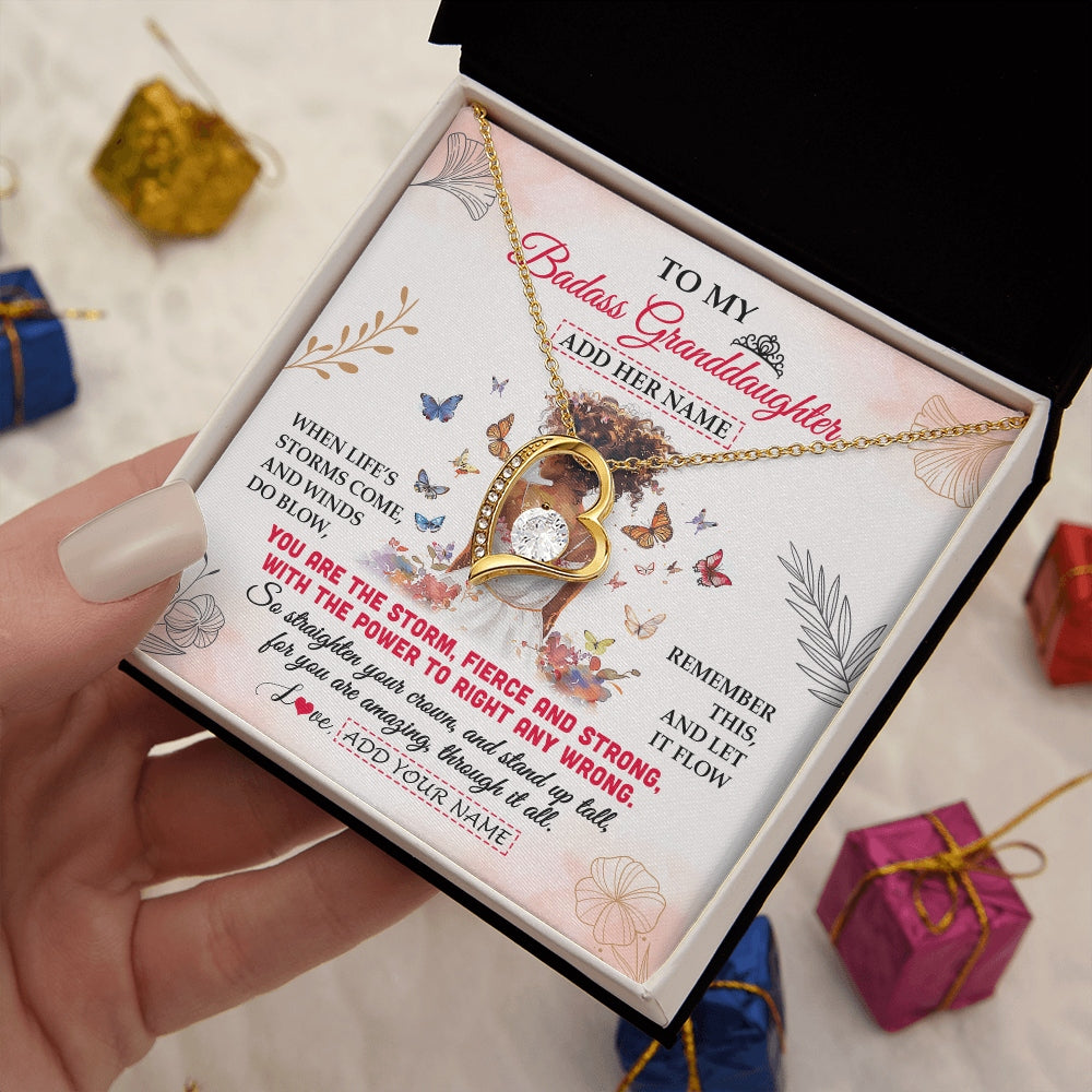 Forever Love Necklace 18K Yellow Gold Finish | 2 | Personalized To My Badass Granddaughter Necklace From Grandma Papa Floral Butterfly African Afro Granddaughter Birthday Gifts Christmas Gift Box Message Card | https://teecentury.