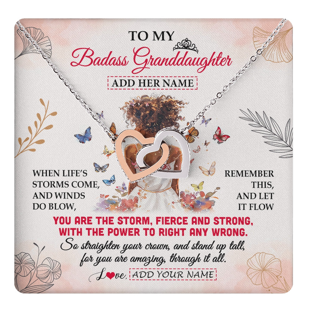 Interlocking Hearts Necklace Stainless Steel & Rose Gold Finish | 1 | Personalized To My Badass Granddaughter Necklace From Grandma Papa Floral Butterfly African Afro Granddaughter Birthday Gifts Christmas Gift Box Message Card | https://teecentury.