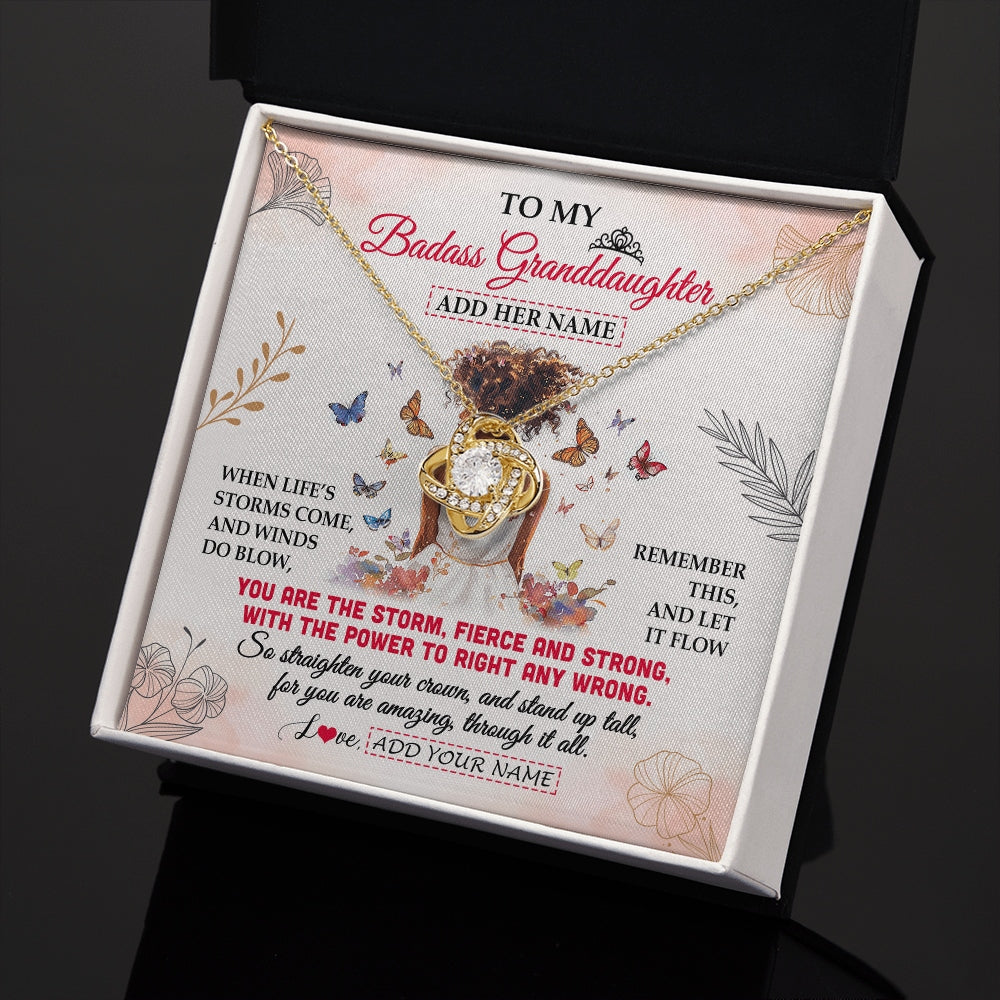 Love Knot Necklace 18K Yellow Gold Finish | 2 | Personalized To My Badass Granddaughter Necklace From Grandma Papa Floral Butterfly African Afro Granddaughter Birthday Gifts Christmas Gift Box Message Card | https://teecentury.