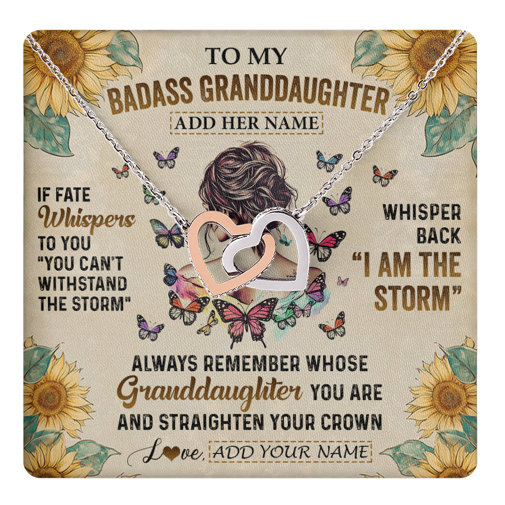 Interlocking Hearts Necklace Stainless Steel & Rose Gold Finish | 1 | Personalized To My Badass Granddaughter Necklace From Grandpa Papa I Am The Storm Granddaughter Gifts Birthday Christmas Customized Gift Box Message Card | teecentury
