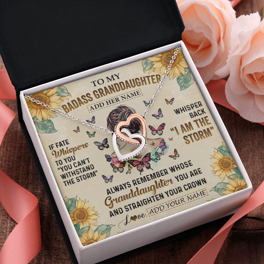 Interlocking Hearts Necklace Stainless Steel & Rose Gold Finish | 2 | Personalized To My Badass Granddaughter Necklace From Grandpa Papa I Am The Storm Granddaughter Gifts Birthday Christmas Customized Gift Box Message Card | teecentury