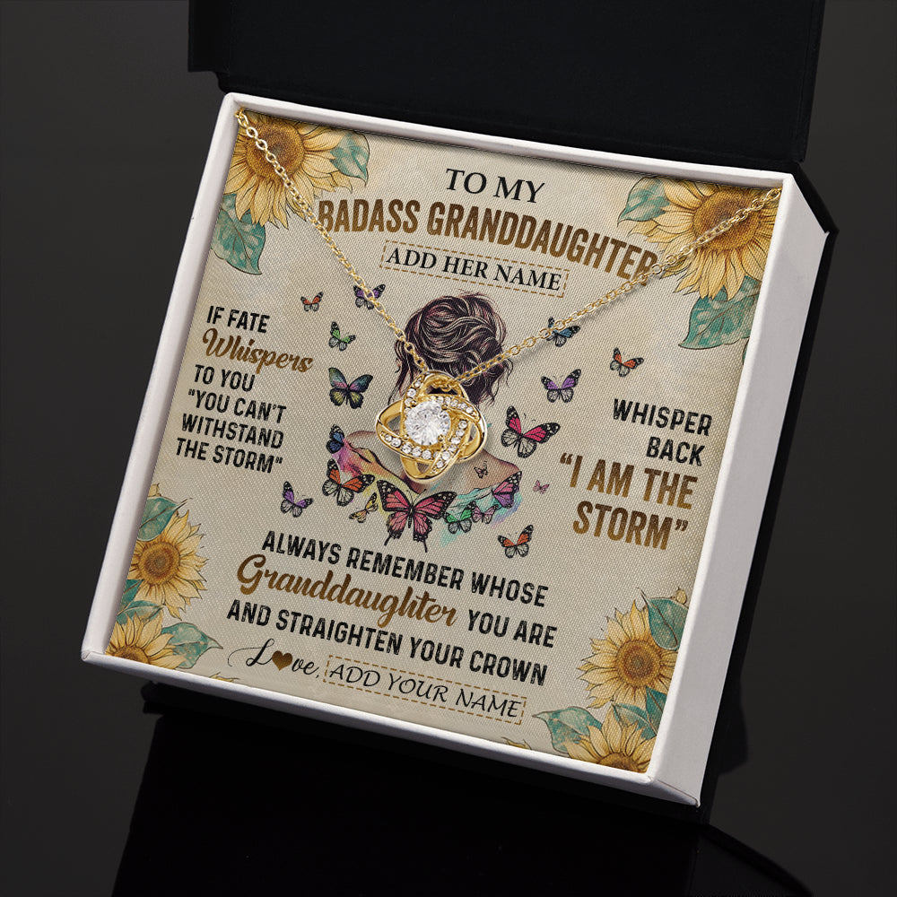 Love Knot Necklace 18K Yellow Gold Finish | 2 | Personalized To My Badass Granddaughter Necklace From Grandpa Papa I Am The Storm Granddaughter Gifts Birthday Christmas Customized Gift Box Message Card | teecentury