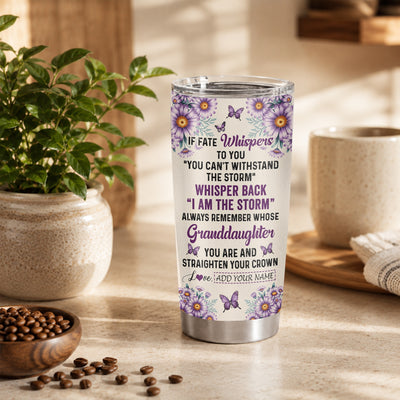 Personalized To My Badass Granddaughter Tumbler From Grandma Grandpa Purple Butterfly I Am The Storm Granddaughter Gifts Birthday Christmas Custom Stainless Steel Mug | teecentury
