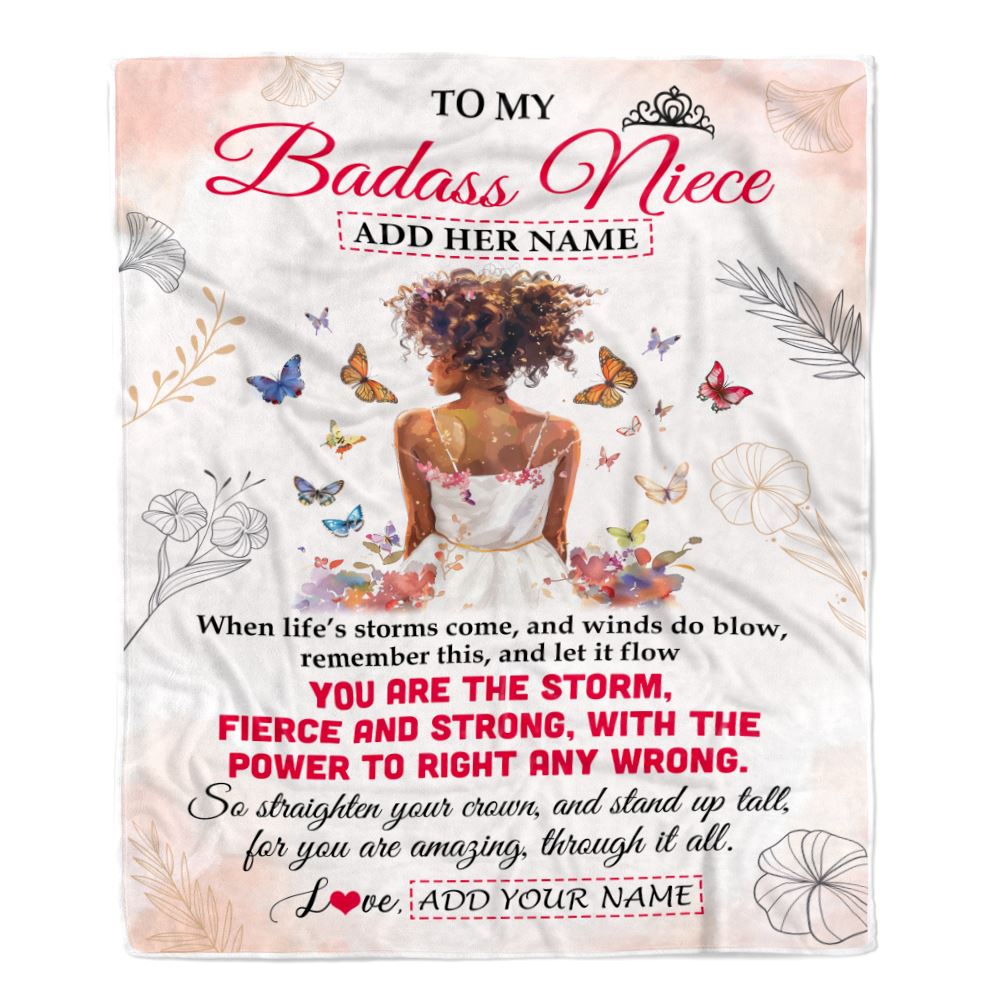 Personalized To My Badass Niece Blanket From Uncle Aunt Auntie Floral Butterfly African Afro Girl Niece Birthday Gifts Graduation Christmas Fleece Blanket | teecentury