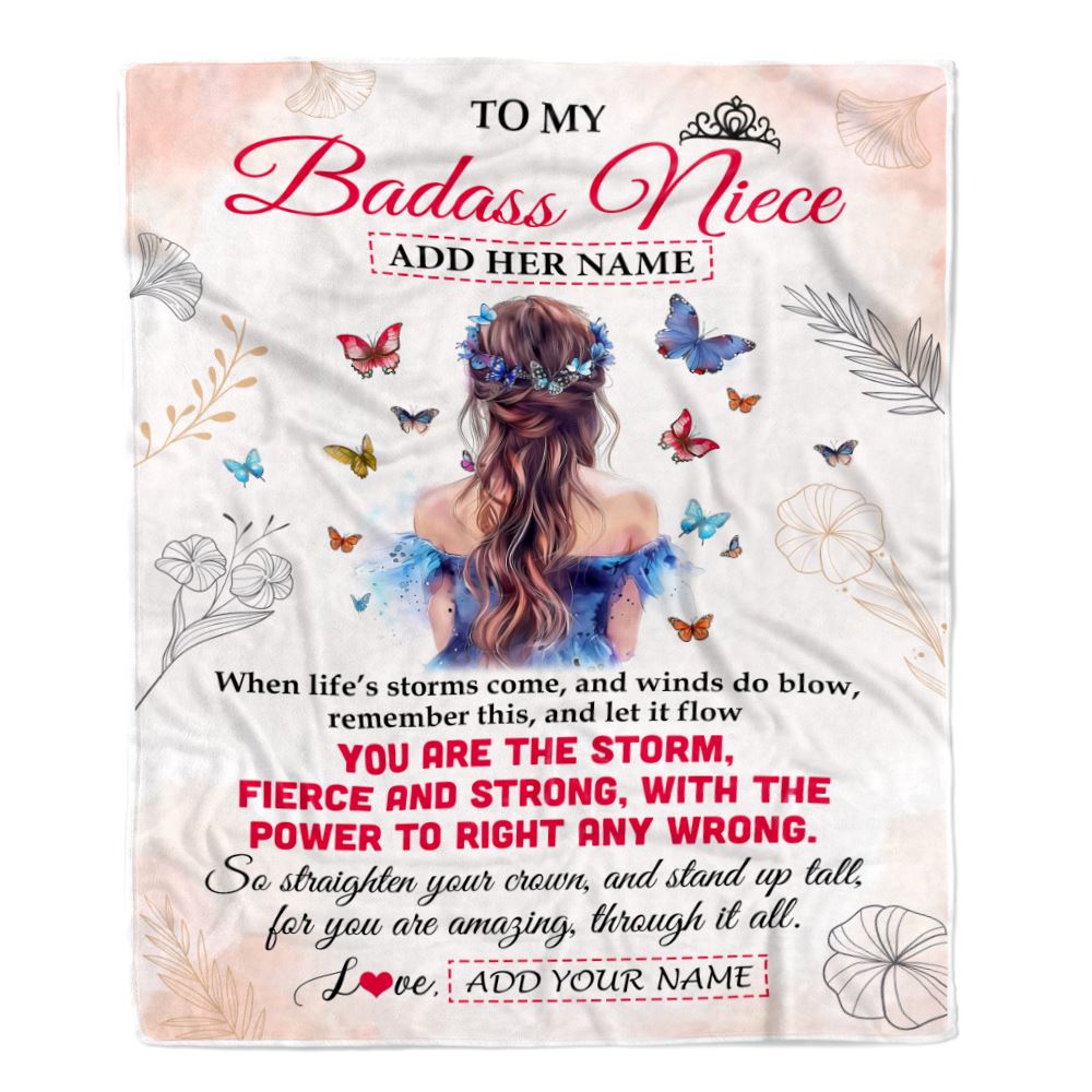 Personalized To My Badass Niece Blanlet From Aunt Auntie Uncle Floral Butterfly Niece Birthday Gifts Graduation Christmas Customized Fleece Throw Blanket | teecentury