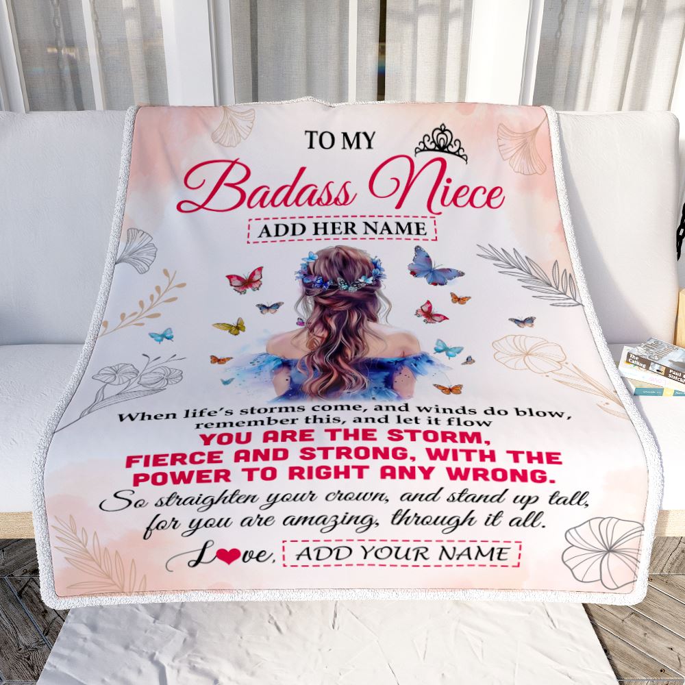 Personalized To My Badass Niece Blanlet From Aunt Auntie Uncle Floral Butterfly Niece Birthday Gifts Graduation Christmas Customized Fleece Throw Blanket | teecentury