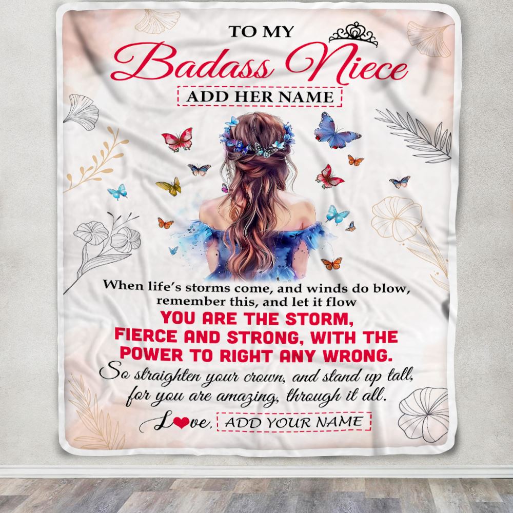Personalized To My Badass Niece Blanlet From Aunt Auntie Uncle Floral Butterfly Niece Birthday Gifts Graduation Christmas Customized Fleece Throw Blanket | teecentury